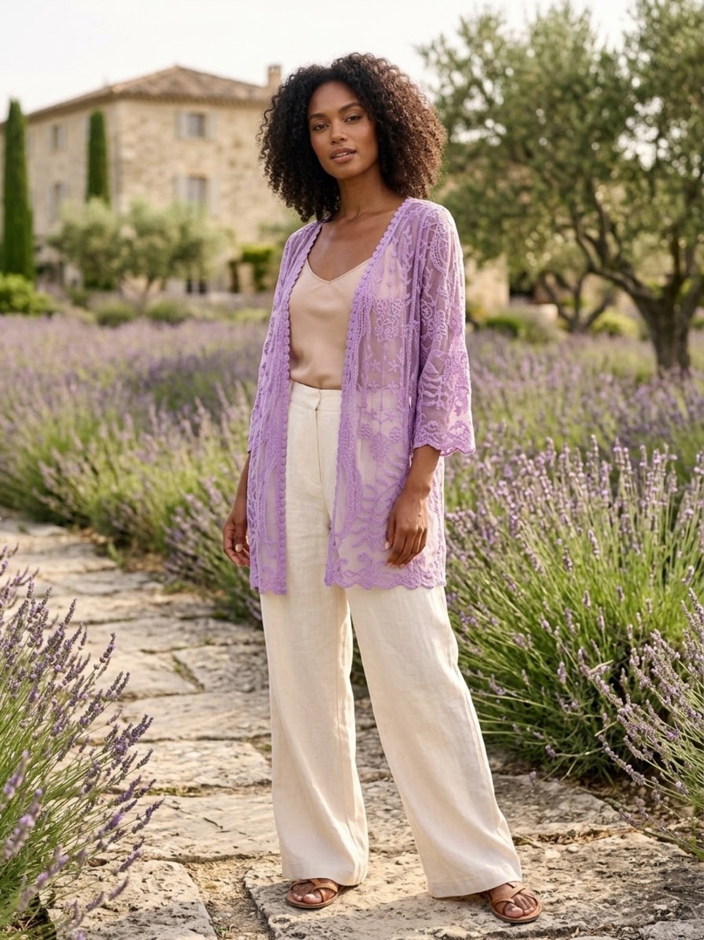 Sundance Catalog Lavender Lace Sheer Floral 3/4 Sleeve Cardigan Size XL